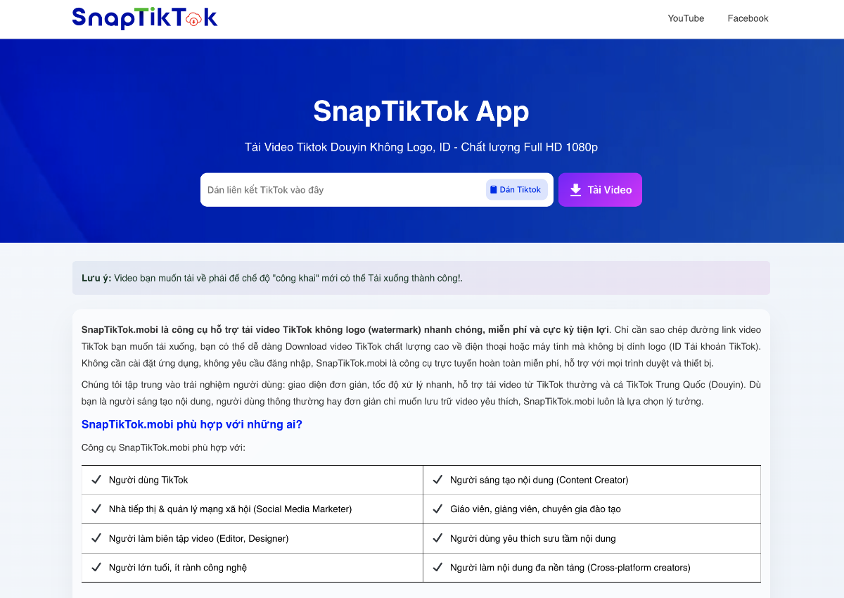 Giao diện khi truy cập công cụ SnapTikTok